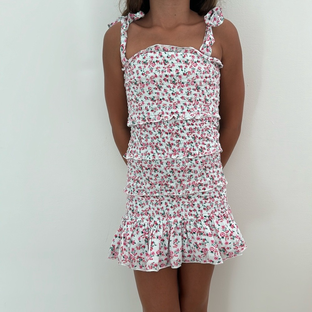 Girls Katie J smocked dress with tie straps floral print